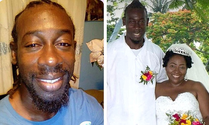 The body of Justin Williams (pictured above) was found in Cat Island with lacerations to his wrist and forehead. Police are investigating and have ruled his death suspicious, not ruling out suicide. Pictured on the right is Justin and his wife, whose funeral he was going to attend after his visit in Crooked Island.