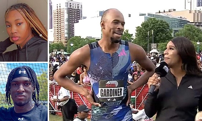 LEFT: Damazvia Dames (top) and Stephen Farquharson (bottom).
RIGHT: Steven Gardiner being interviewed on his 100m performance.