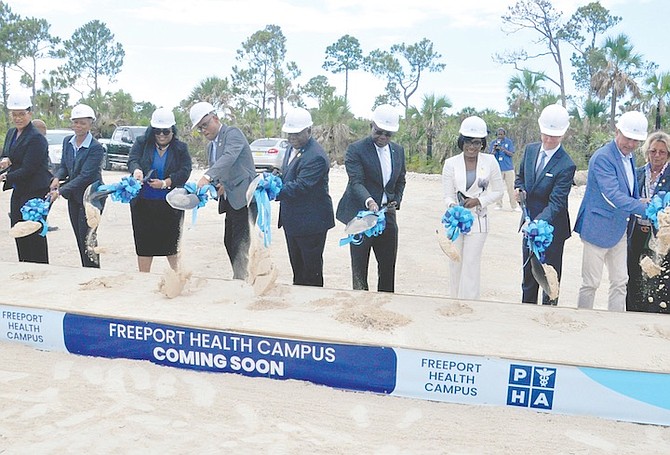 Prime Minister Philip ‘Brave’ Davis, along with Minister of Health Michael Darville and other officials and guests, broke ground at the site of the new $200m Grand Bahama hospital.
Photo: Vandyke Hepburn