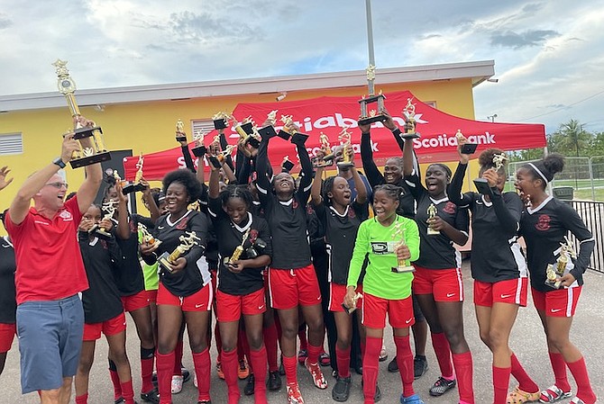 ALL HAIL THE KNIGHTS: The CR Walker Lady Knights are the 2023 Government Secondary Schools Sports Association (GSSSA) senior girls’ soccer champions.
                                                                                                                                                                                                                      Photos by Tenajh Sweeting