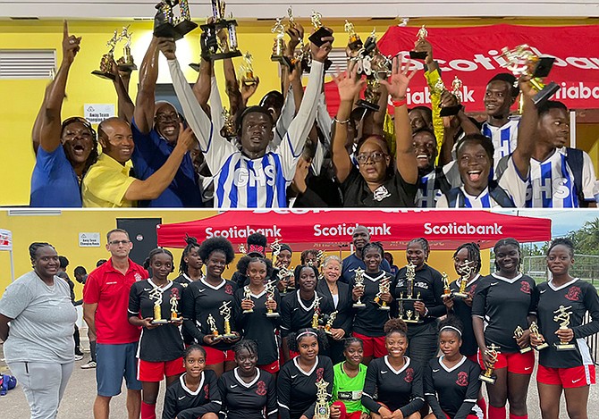 WE ARE THE CHAMPIONS: The CR Walker Lady Knights (above) and Government High School Magic (top) both picked up championship wins for the Government Secondary Schools Sports Association soccer championships on Wednesday at the Roscow A L Davies national soccer field. Both senior teams will now turn their attention to the Samuel P Haven Jr High Schools Nationals semifinals today where they will look to capitalise on this week’s momentum. 
                                                                                                                                                                                                                         Photos: Tenajh Sweeting