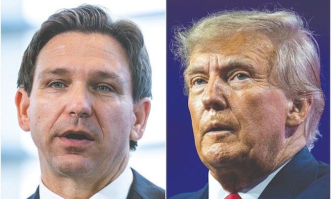 This combination of photos shows Florida Gov. Ron DeSantis (left), and former President Donald Trump (right). In his first week on the campaign trail as a presidential candidate, Gov. DeSantis repeatedly hit his chief rival, Donald Trump, from the right. DeSantis told a conservative radio host, “This is a different guy than 2015, 2016.” Meanwhile, Trump has repeatedly attacked DeSantis from the left, suggesting Florida’s new six-week abortion ban is “too harsh” and arguing DeSantis’ votes to cut Social Security and Medicare in Congress will make him unelectable in a general election. (AP Photo/Alex Brandon, File)