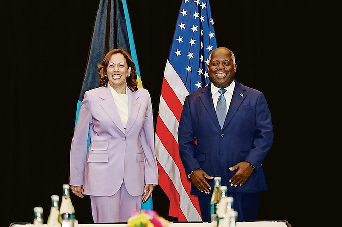 United States Vice President Kamala Harris poses with Prime Minister Philip ‘Brave’ Davis ahead of a meeting with Caribbean leaders where the issues of climate change and resilience, energy management, food security, illegal migration and Haiti were discussed. 
Photo: Austin Fernander