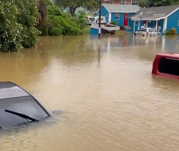 Still from a video showing flooding in Exuma.