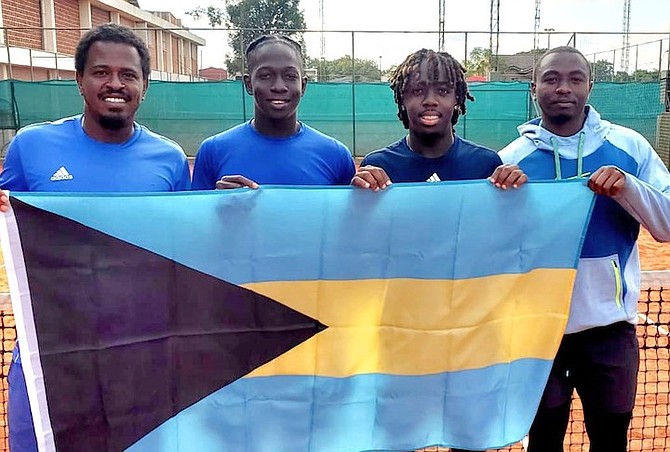 BAHAMAS Davis Cup team, from left to right, of captain Marvin Rolle, Donte Armbrister, Denali Nottage and Kevin Major Jr.