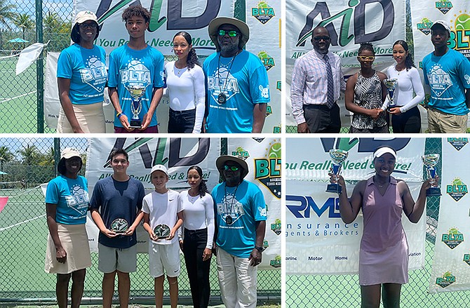 TOP LEFT: Jerald Carroll, triple crown winner at the 2023 junior national tennis championships.
TOP RIGHT: Sarai Clarke, the double crown winner of the under 14 girls singles and doubles matches.
ABOVE LEFT: Alec Hooper and Cohen Knowles are the under 14 boys double champions.
ABOVE RIGHT: Takaii Adderley, winner of the under 16 and 18 girls singles.

Photos by Tenajh Sweeting