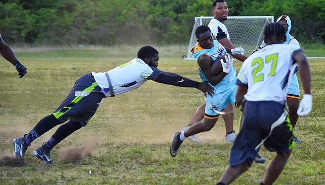 FLAG FOOTBALL enthusiasts in action at the Winton Rugby Field. Play resumes with the 2023 finals this Sunday.