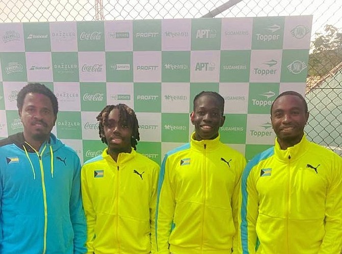 Bahamas Davis Cup team, shown from left to right, are captain Marvin Rolle, Denali Nottage, Donte Armbrister and Kevin Major Jr.