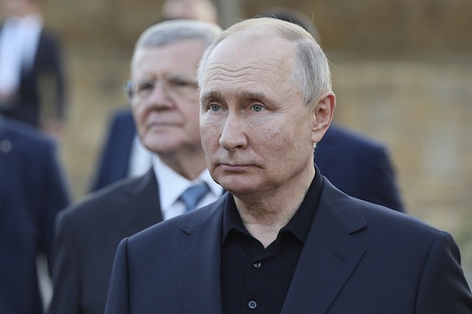 Russian President Vladimir Putin, foreground, and Presidential Envoy to the North Caucasian Federal District Yury Yakovlevich Chaika, behind, visit the Naryn-Kala fortress in Derbent during Putin’s working visit to Dagestan Republic, Russia, Wednesday, June 28, 2023.
Photo: Gavriil Grigorov/ Sputnik, Kremlin Pool/AP