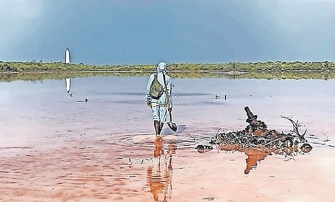 Captain Kendrith Williams walks past the engine of Lt Libby’s A-20 Havoc on the lake beneath Castle Island Light, on August 5, 2022, moments after the aircraft was rediscovered 80 years after it crash-landed there, crushing Murray White’s leg beneath its nose when he was ejected.
Photo: Eric Wiberg