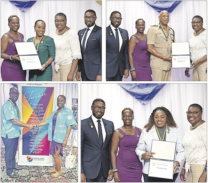 Bottom left, president Darren Bain and outgoing president Chatel Nesbitt. Also pictured are presentations to awardees including Minister of State for Social Services and Urban Development Lisa Rahming, bottom right, and Police Commissioner Clayton Fernander, top right.