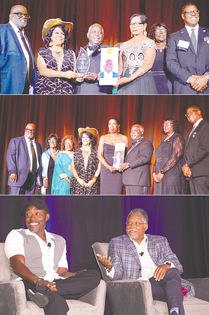 TOP: Pictured (left to right) Dr Andy Ingraham, President, Bahamas Diaspora Association; US Congresswoman Frederica Wilson; Prime Minister Philip ‘Brave’ Davis; Mrs Ann Marie Davis, Office of the Spouse; Rosie Gomez, National Association of The Bahamas; Jerry C Butler, host, Bahamas Diaspora Awards Gala.

MIDDLE: Yolanda Cash-Jackson, Bahamian descendant and noted Florida attorney, received The Garth Basil Coleridge Reeves Sr Philanthropic Award from Prime Minister Philip ‘Brave’ Davis.

ABOVE: Will Packer, American film producer, on stage with Ken Fearn, chairman of the National Association of Black Hotel Owners, Operators and Developers (NABHOOD).
Photos by Dadly Filius, Beyond Revealed Media