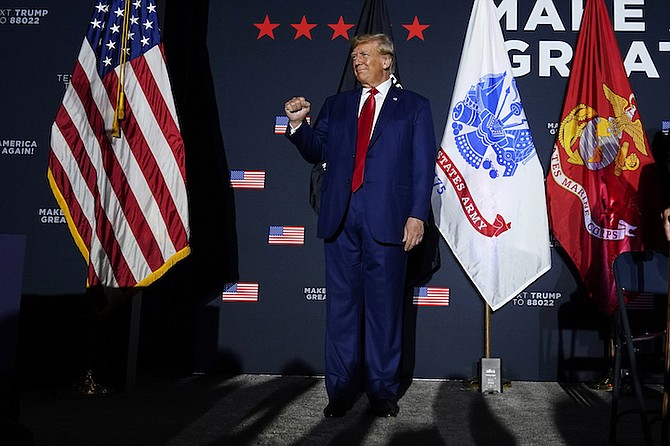 Former President Donald Trump acknowledges supporters at a campaign rally, Tyesterday, at Windham High School in Windham, New Hamphshire
Photo: Robert F. Bukaty/AP