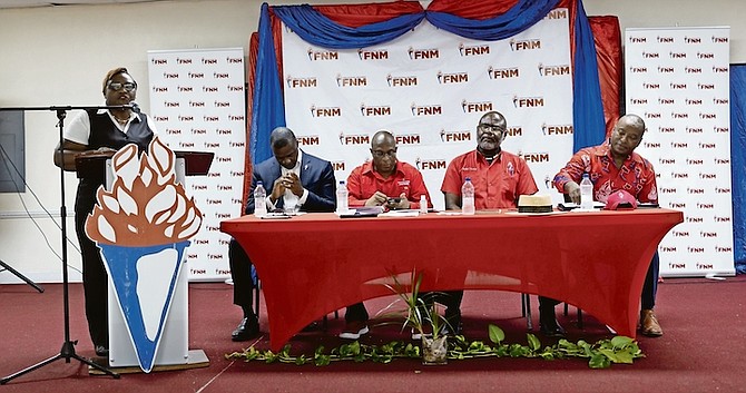 FNM TOWN HALL MEETING: FNM leader Michael Pintard (pictured last night, third from left) said that Immigration Director Keturah Ferguson was purportedly concerned that some people became naturalised Bahamians without renouncing their citizenship, a potentially significant breach of the law.
Photos: Moise Amisial
