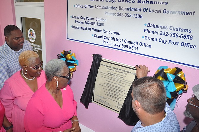 The unveiling of the plaque at Grand Cay Government Administrator’s Complex. Photos: Vandyke Hepburn