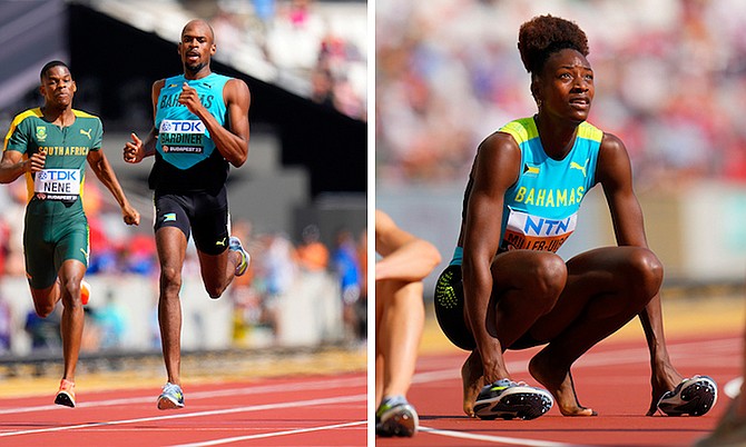 LEFT: Shaunae Miller-Uibo looks at her time after finishing a women’s 400-metres heat during the World Athletics Championships in Budapest, Hungary. 
RIGHT: Steven Gardiner races in a men’s 400-metres heat.