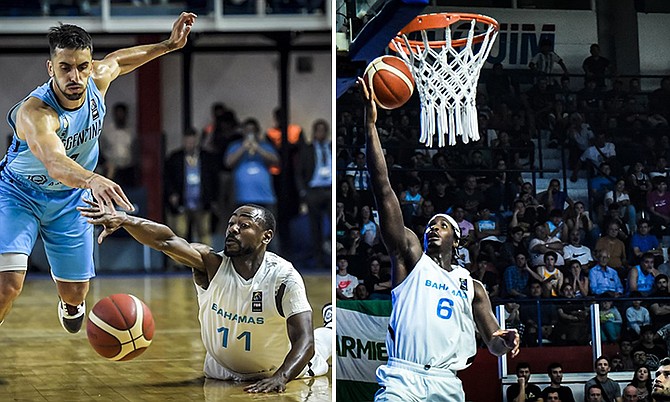 Forward Travis Munnings (6) and Lourawls Nairn (11) in action for The Bahamas against Argentina.
                                                                                                                                                                                                                        Photos: FIBA Americas