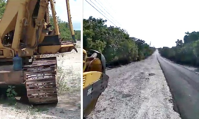 LEFT: Equipment sits abandoned on the side of what is supposed to be a new road on Crooked Island, however, no work has been done in nine months according to Tommy Thompson. 
RIGHT: A road has been left half-paved.