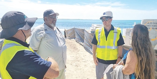 RCI’s chief product and innovation officer Jay Schneider (centre in safety vest), Eric Carey (left) President and CEO ONE Consultants, and Gail Woon (right) Founder of EARTHCARE visiting RCI’s $20m wastewater treatment plant at Coco Cay, a private island destination in the Berry Islands. Photo: Jade Russell