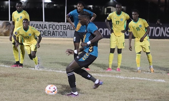 Team Bahamas in action against Guyana during last night’s Nations League match.