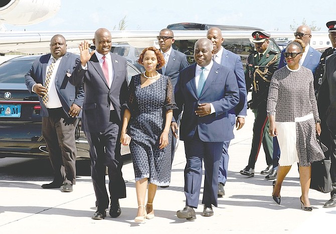 Arriving in Nassau for a State Visit to The Bahamas, the President of the Republic of Botswana Mokgweetsi EK Masisi and First Lady Masisi disembark the aircraft and are met by Prime Minister Philip ‘Brave’ Davis. 
Photo: Patrick Hanna/BIS