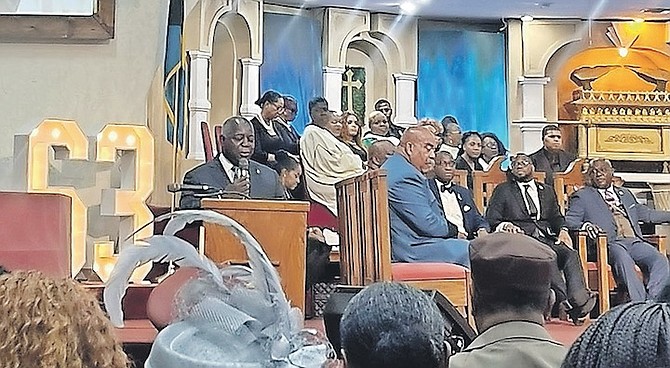 PRIME Minister Philip “Brave” Davis speaking at Mount Tabor Church yesterday. Photo: Leandra Rolle