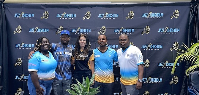 Geron Sands, second from right, co-founder of International Sports Academy, with Albert Cartwright, second from left, and organisers of the Jazz Chisholm Foundation Little League.