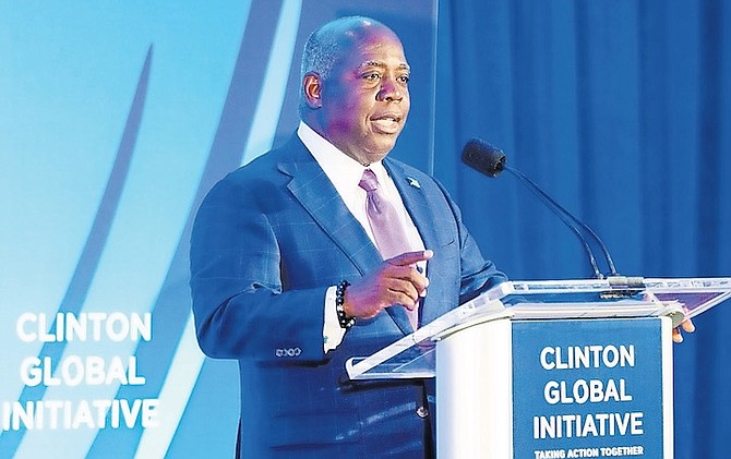 PRIME Minister Philip “Brave” Davis speaking at the Clinton Global Initiative.