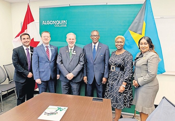 PICTURED at the BTVI signing are, Michael Qadish, manager, government relations and special advisor to the president, Algonquin College; associate vice president, global, online and corporate learning, Algonquin College, Patrick Devey; president and CEO, Algonquin College, Claude Brulé; High Commissioner of The Bahamas to Ottawa, V Alfred Gray; first secretary, Bahamas High Commission, Nahaja Black and second secretary, Bahamas High Commission, Crystal Rolle.
Photo: Algonquin College
