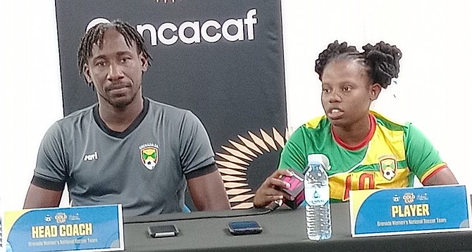 Grenada’s head coach Jake Rennie and team captain Roneisha Frank can be seen at a press conference ahead of their Concacaf Gold Cup soccer match against the Bahamas women’s national soccer team at the Thomas A Robinson National Stadium tonight.