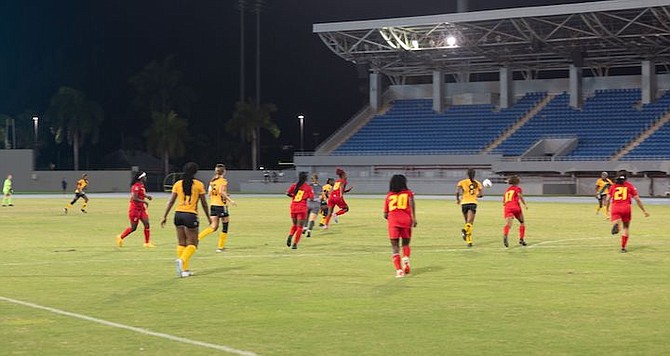 PLAY ACTION: The Bahamas women’s national soccer team lost 6-1 to Grenada last night in their opening game of the Concacaf Gold Cup at the Thomas A Robinson National Stadium.  
                                                                                                                                                                                                          Photo: Moise Amisial/Tribune Staff