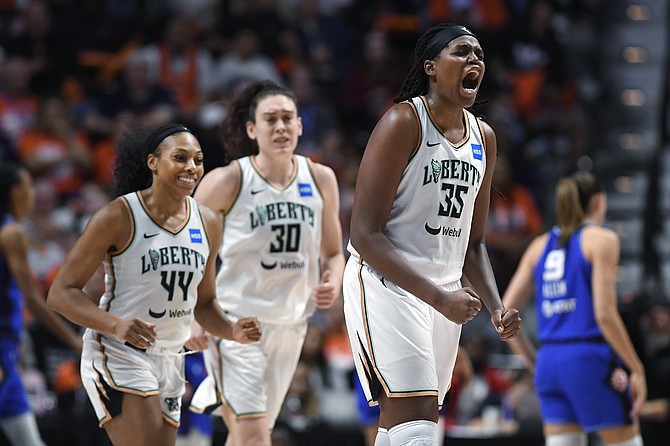 New York Liberty forward Jonquel Jones (35) reacts during the second half of Game 4 of a WNBA basketball semifinal playoff series against the Connecticut Sun yesterday in Uncasville, Conn. 
(AP Photo/Jessica Hill)