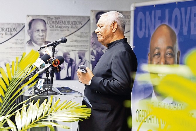 Former Prime Minister Perry Christie shows his emotions as he remembers Obie Wilchcombe at the memorial service last night for the late Minister of Social Services, Information and Broadcasting. 
Photo: Moise Amisial