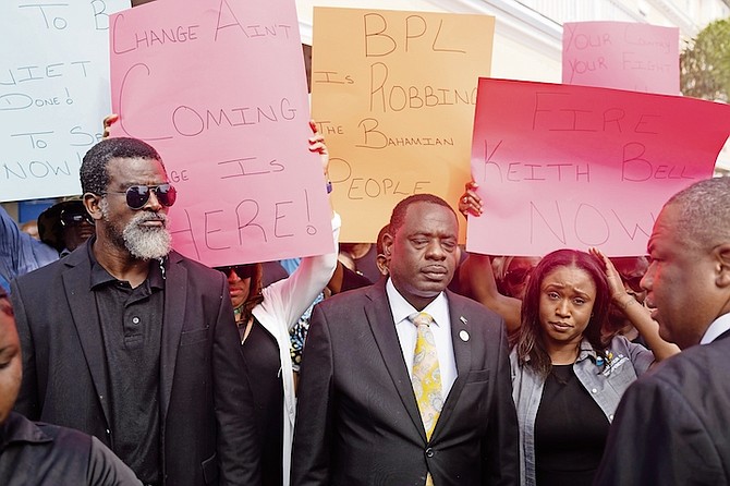 DOZENS of Coalition of Independents supporters, led by leader Lincoln Bain, protested on Bay Street as Parliament reopened yesterday.
Photo: Moise Amisial