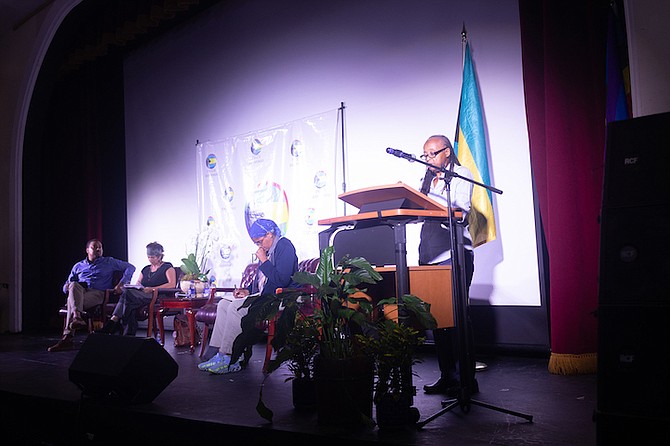 Dr Kreimild Saunders speaks on ‘Black Bahamian Subject Formation: From Non-Subject to Subject Part II” at a forum at the University of The Bahamas yesterday, which is one among several being hosted this month in celebration of LGBT pride.
Photo: Moise Amisial