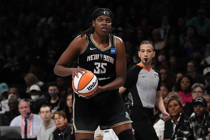 New York Liberty's Jonquel Jones (35) during the second half in Game 3 of a WNBA basketball final playoff series against the Las Vegas Aces Sunday, Oct. 15, 2023, in New York. The Liberty won 87-73. (AP Photo/Frank Franklin II)