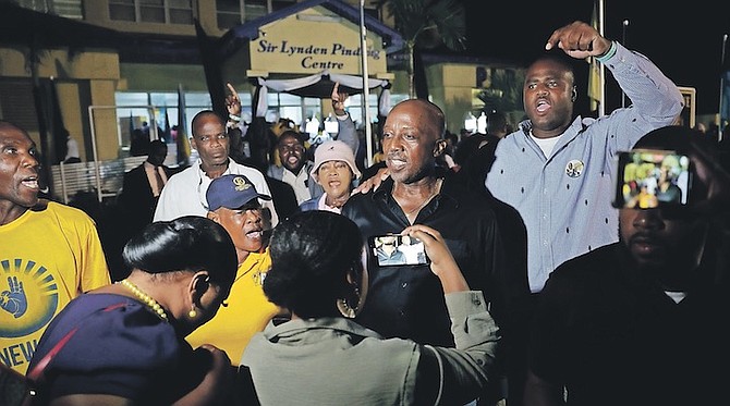 SHANE Gibson and supporters outside PLP Headquarters after a meeting of The National General Council of the PLP ahead of the upcoming West Grand Bahama and Bimini by-election on Friday.
Photo: Dante Carrer