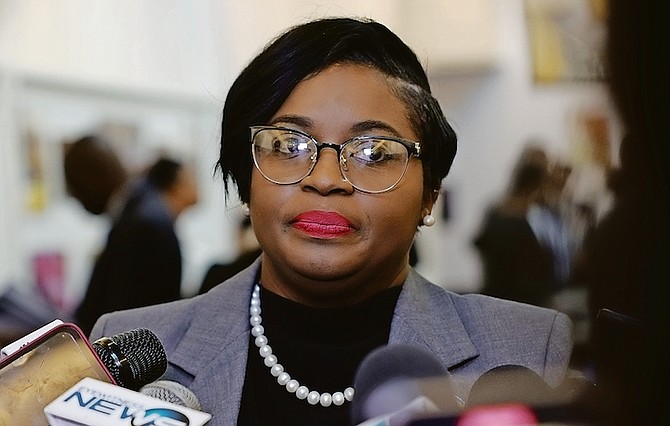 MINISTER of Energy and Transport JoBeth Coleby-Davis speaks with reporters during the opening ceremony of Diplomatic Week at Baha Mar Convention Centre yesterday.
Photo: Dante Carrer