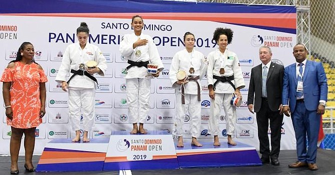 Judoka Cynthia Rahming, on the podium far right, gets her bronze medal at the Pan American Open 2019 in Santo Domingo, Dominican Republic.