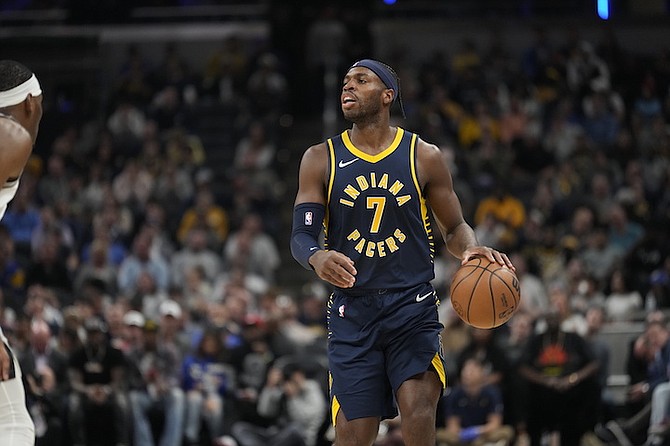 Indiana Pacers guard Buddy Hield (7) in action during an NBA basketball game against the San Antonio Spurs on Monday. 
(AP Photo/AJ Mast)