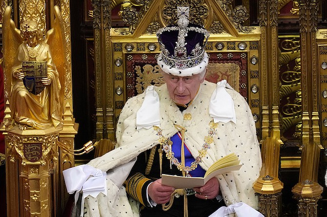 Britain’s King Charles III speaks during the State Opening of Parliament at the Palace of Westminster in London, on November 7, 2023. Photo: Kirsty Wigglesworth/AP