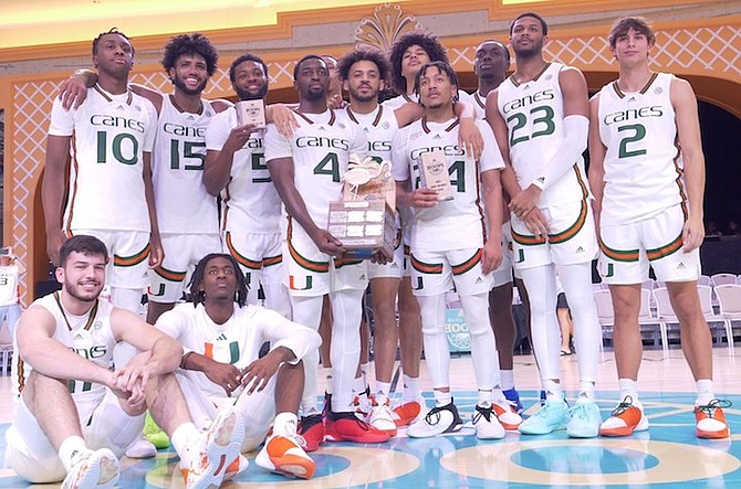 University of Miami Hurricanes celebrate their Baha Mar Hoops’ championship victory.
