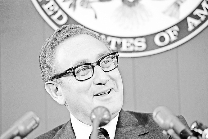 Secretary of State Henry Kissinger briefs reporters in 1973, at the State Department in Washington. Kissinger died on Wednesday, Nov. 29, 2023. He was 100. (AP Photo, File)