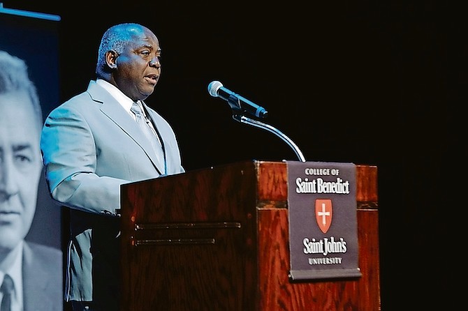 PRIME Minister Philip ‘Brave’ Davis delivers a lecture on the urgency of climate action at St John’s University in Minnesota on Monday as part of the 17th annual CSB/SJU Eugene J McCarthy Lecture Series.
Photo: OPM