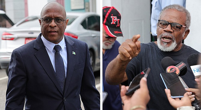 LEFT: Opposition Leader Michael Pintard outside the House of Assembly. 

RIGHT: Retired Detective Sergeant McMinns speaks to reporters outside the House of Assembly yesterday.
Photos: Dante Carrer