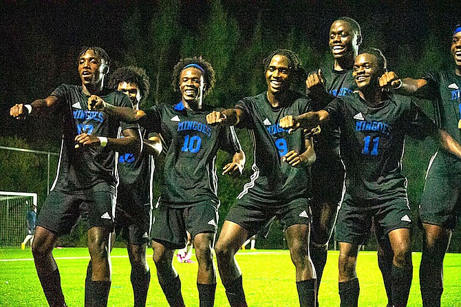 THE University of The Bahamas men’s soccer team celebrate a goal against Inter-Nassau FC-17
player during their recent Bahamas Football Association match. The Mingoes recreated the iconic
celebration from The South African Soccer team during the opening match of World Cup 2010 in
South Africa. The Mingoes won the match 4-0.
Photos: UB ATHLETICS