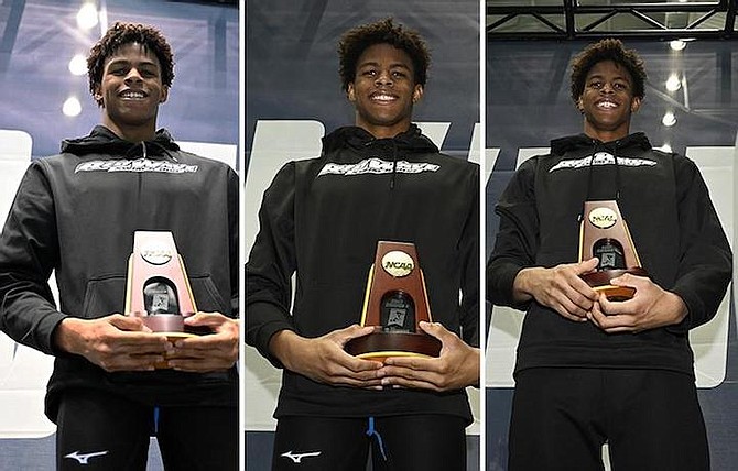 THE TRIBUNE SPORTS’ ATHLETE OF THE YEAR 2023: Top swimmer Lamar Taylor proudly displaying the three NCAA championship titles he won last year while competing on the Henderson State University swim team.