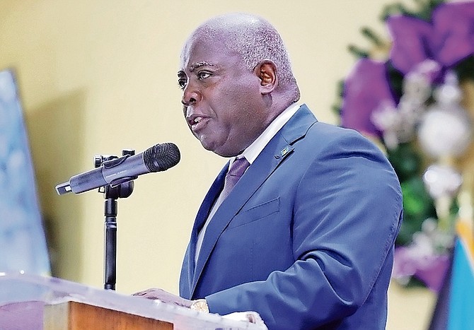 Prime Minister Philip "Brave" Davis speaks during the Royal Bahamas Police Force (RBPF) Annual Church Service at New Destiny Baptist Cathedral on Sunday. Photo: Dante Carrer