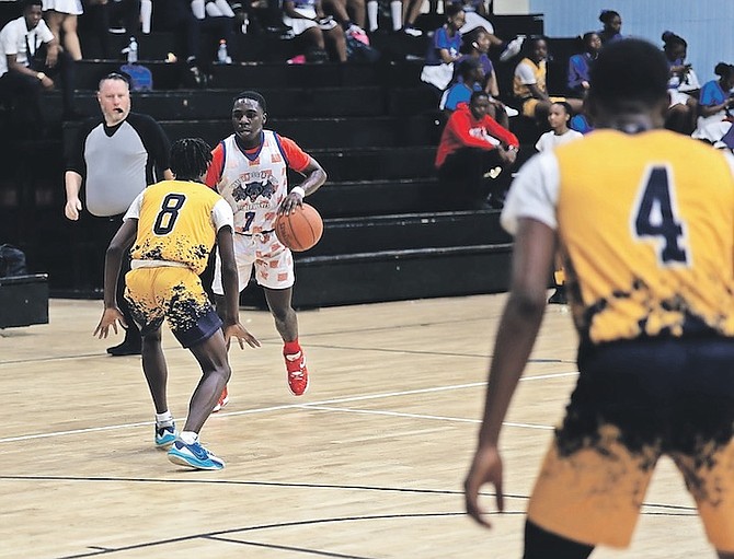 An Anatol Rodgers Timberwolves on the ball against Dame Doris Johnson Mystic Marlins. Photo: Moise Amisial