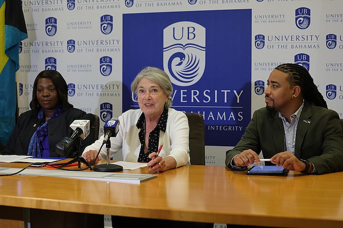 UNIVERSITY of The Bahamas (UB) Vice President of Academic Affairs Dr Maria Oriakhi, Acting UB President Janyne Hodder and Regional Director of Public Affairs Disney Cruise Line Joey Gaskins during a press conference to announce an environmental conclave at the University of The Bahamas yesterday.